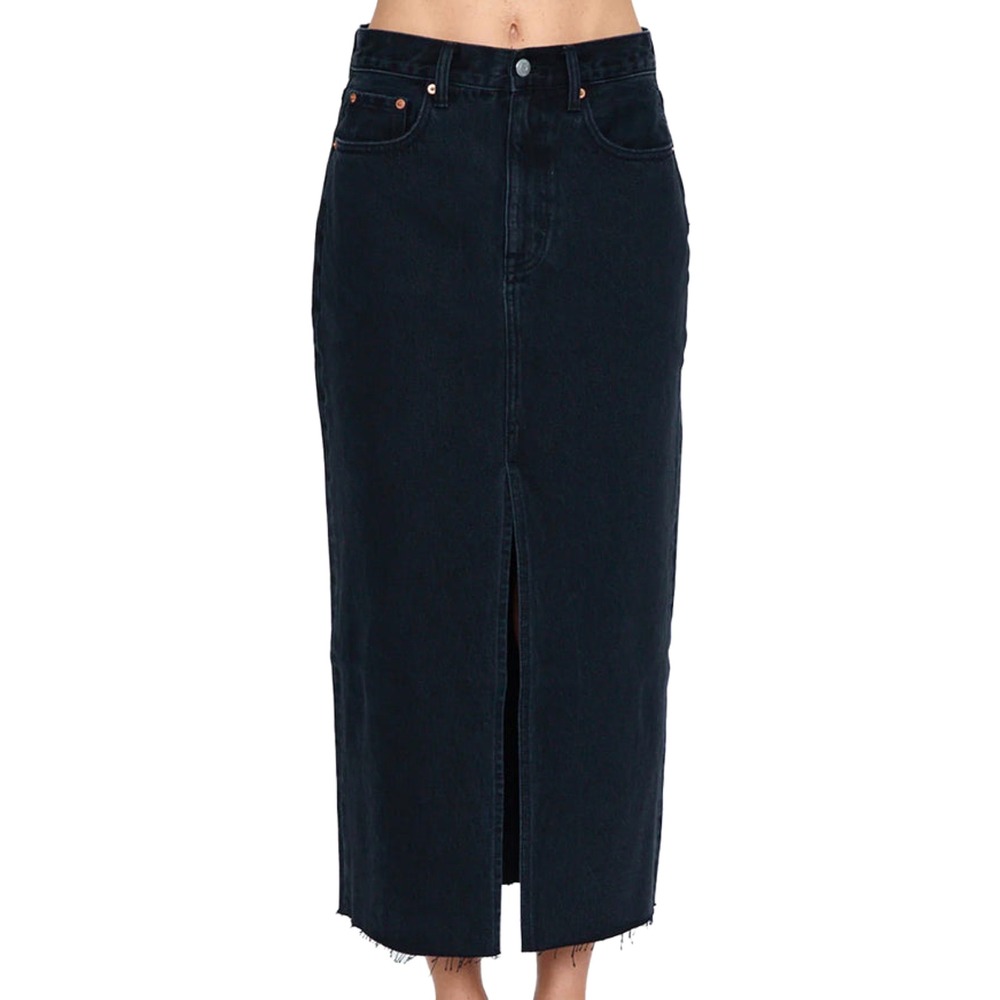 Pistola Alice Black Denim Midi Skirt EUC Underground Front Slit Sz 26 Frayed Hem